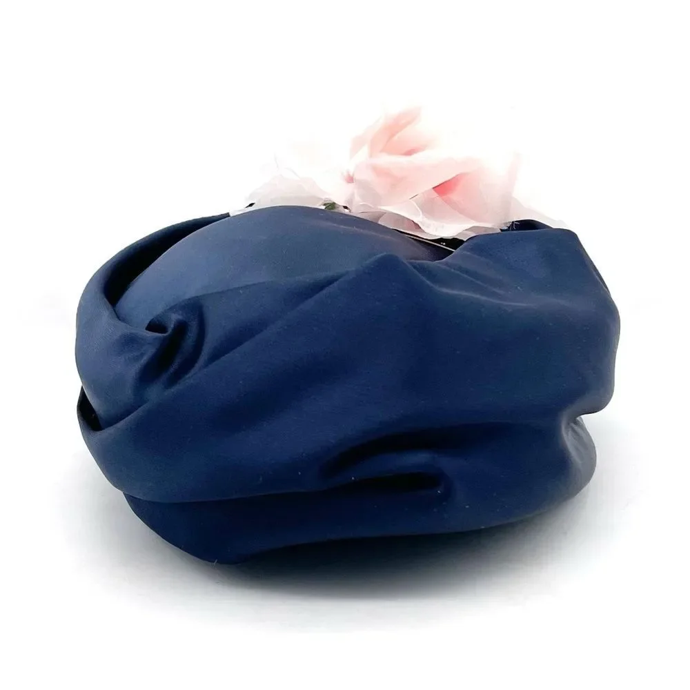 Vintage 1950s Navy Blue Hat Pink Flower Trim Size 22 1/2 Pillbox Fascinator - Picture 3 of 15